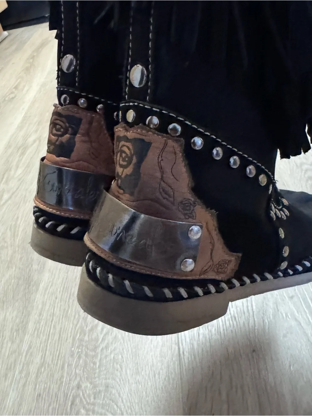 Rose Gonzales Black Studded Boots Moccasin Style Size 7 Removable Fringe Tassel